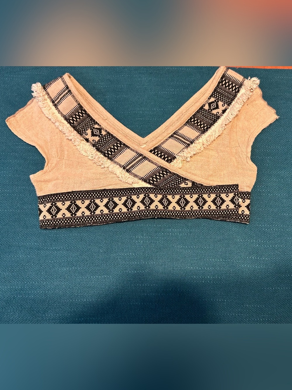 Zhennymph Boho Embroidered V-Neck Crop Top Wrap in Beige and Black Bellydance